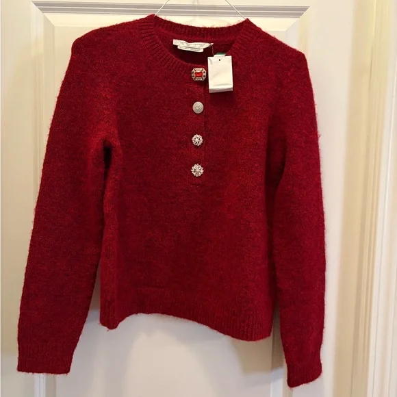 Simons Jewel Button Fuzzy Knit Sweater Red Size XS Statement Button Cardigan - Picture 3 of 13